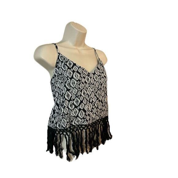 Tribal Boho Fringed Crop Top Black White Size L - Picture 3 of 6